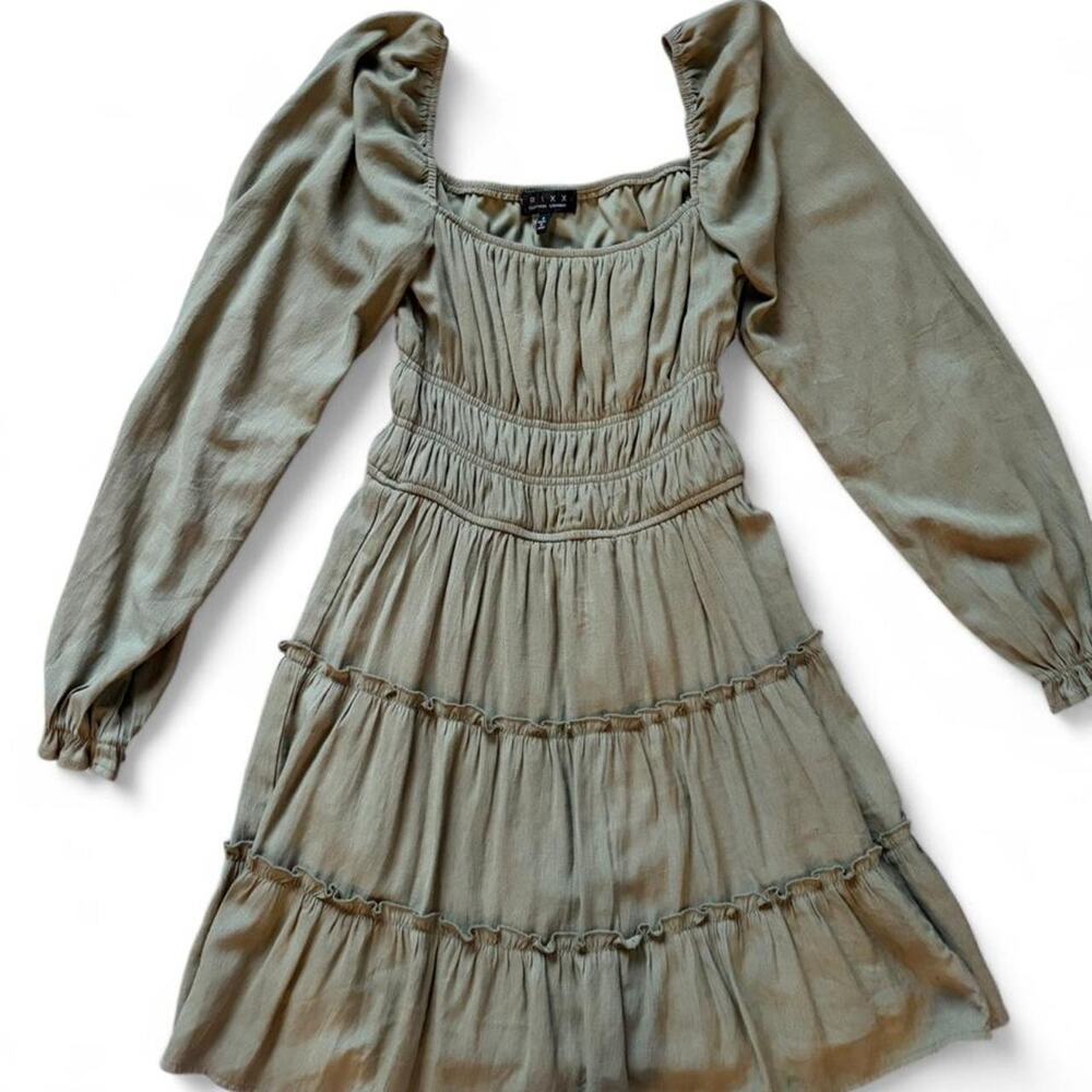 Green Long Sleeve Midi Dress with Ruffles - Size S